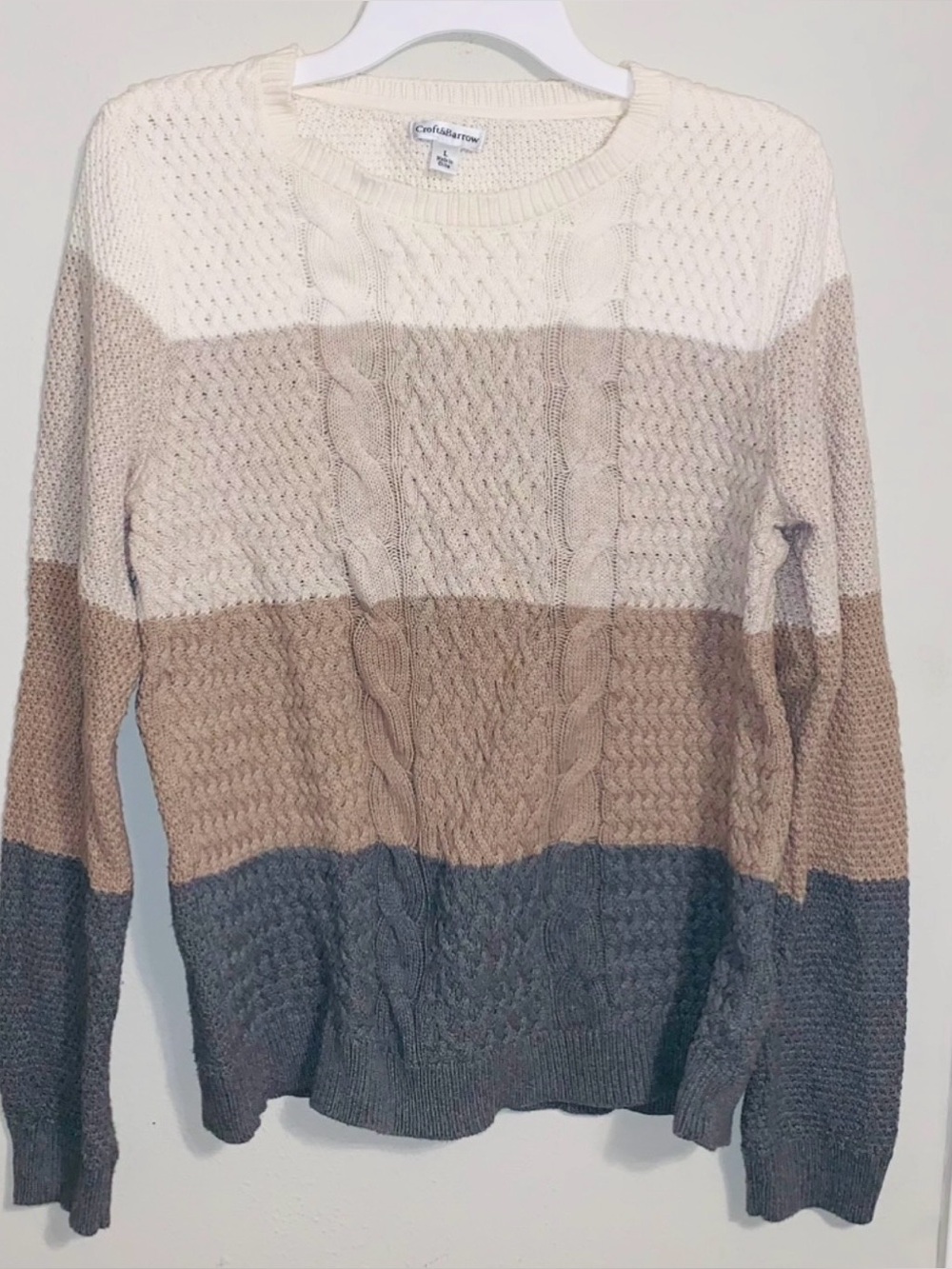 Croft & Barrow Colorblock Cable Knit Sweater White Brown Gray